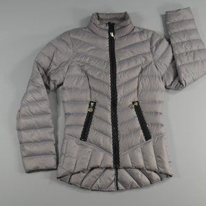 Betsy Johnson Silver Gray Puffer Down Jacket Full Zip Black Lace Zips Wms XS ***